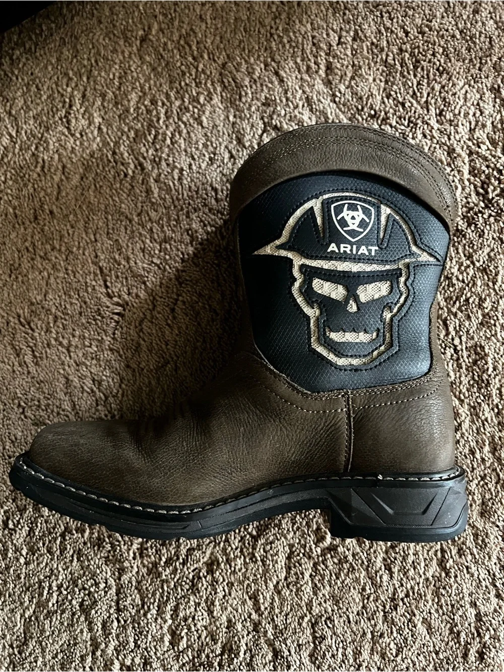 Ariat Brown and Black Western Work Boot with Skull Patch